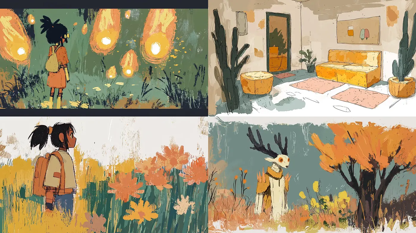 Warm Hues and Textured Whimsy of a Pastoral Dreamscape - Midjourney sref style