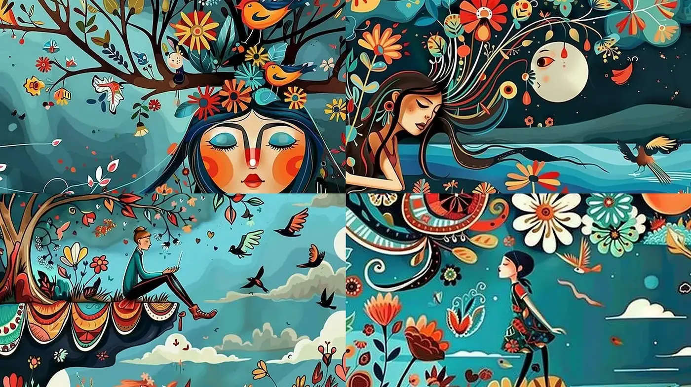 Whimsical and Colorful Surrealism with Floral and Nature Elements - Midjourney sref style