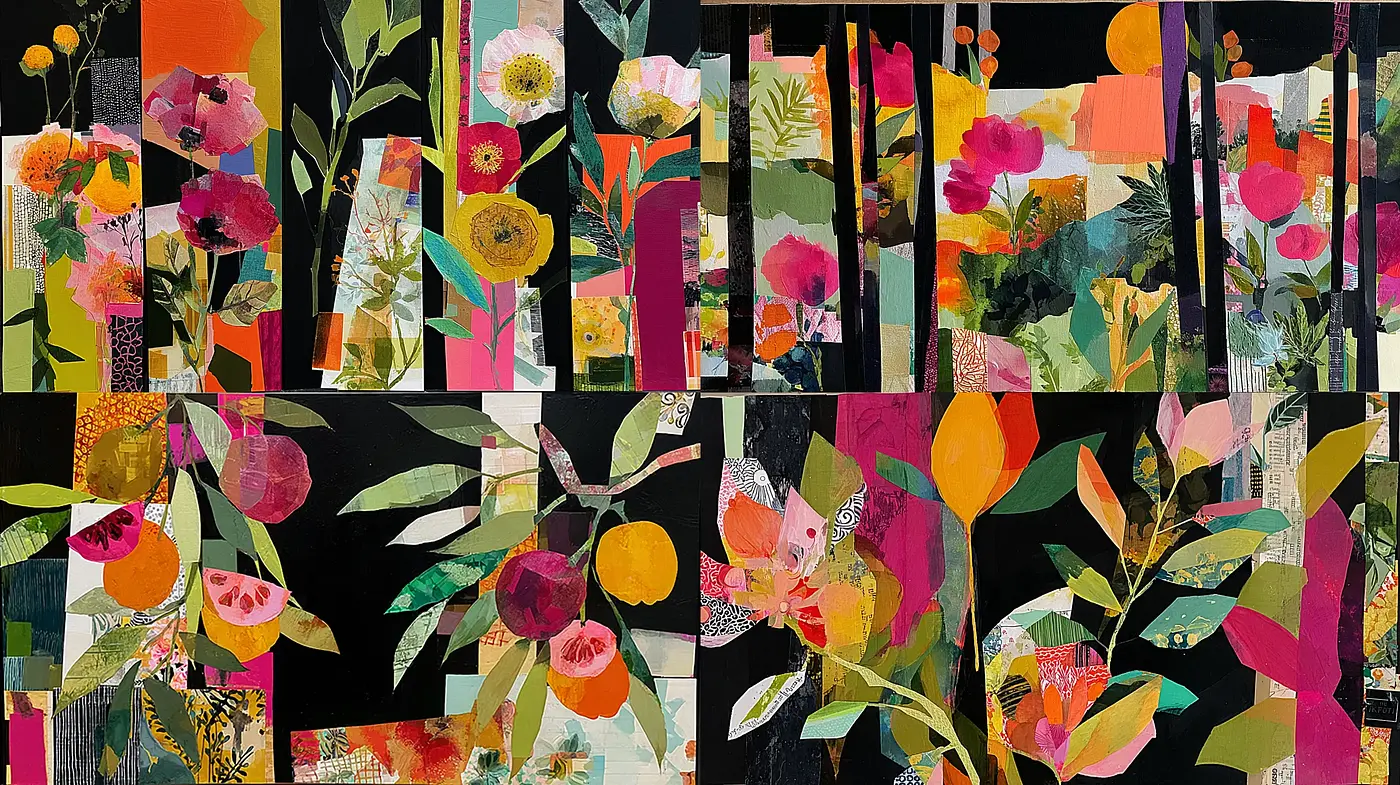 Colorful Floral Collage with Abstract and Contemporary Elements - Midjourney sref style