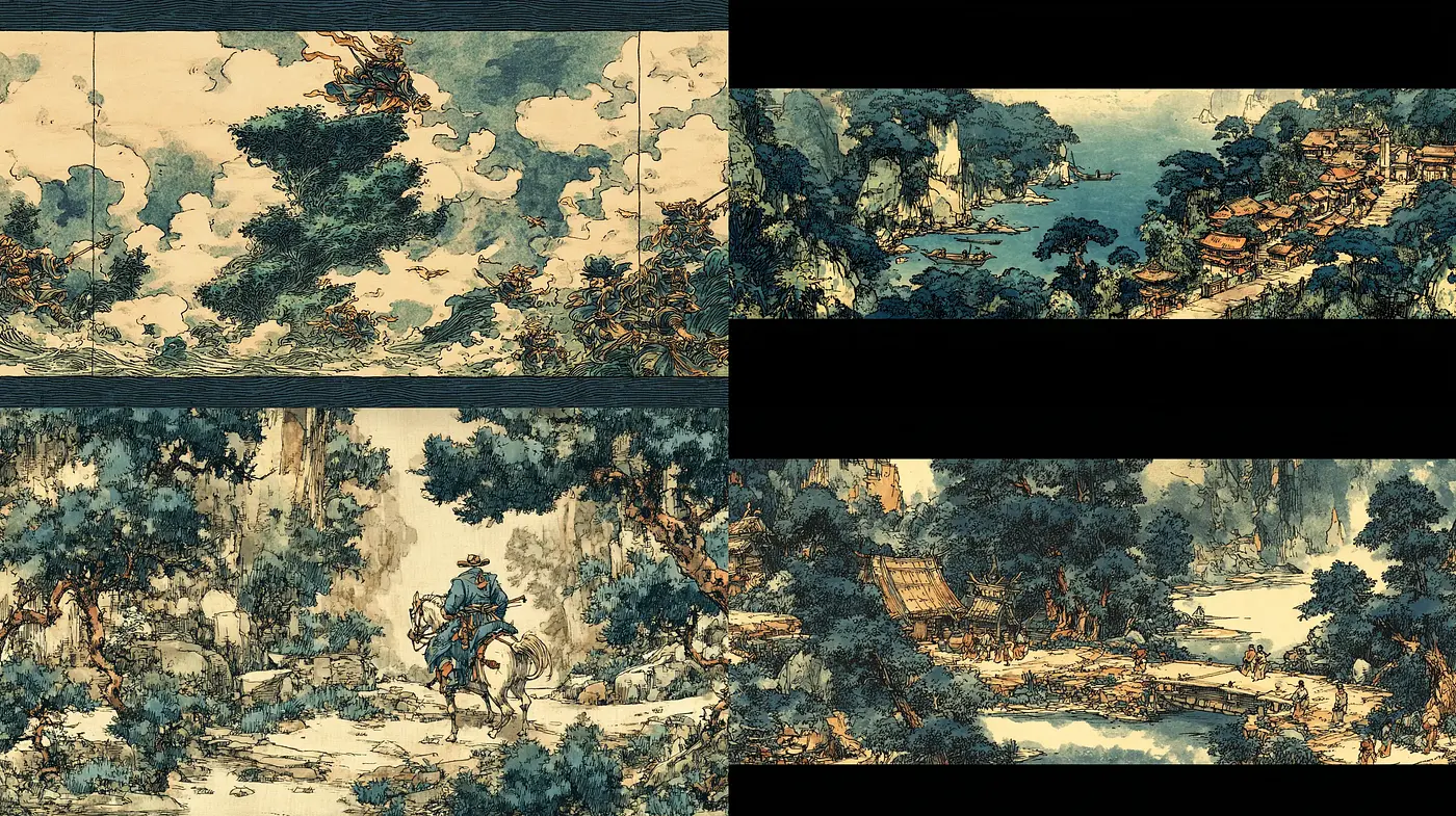 Serene and intricate landscapes with a nostalgic touch - Midjourney sref style