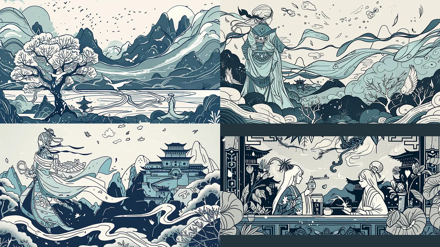 Ethereal Monochrome Dreamscape: A Harmonious Blend of Traditional East Asian Art and Contemporary Graphic Novel Aesthetics - Midjourney sref style