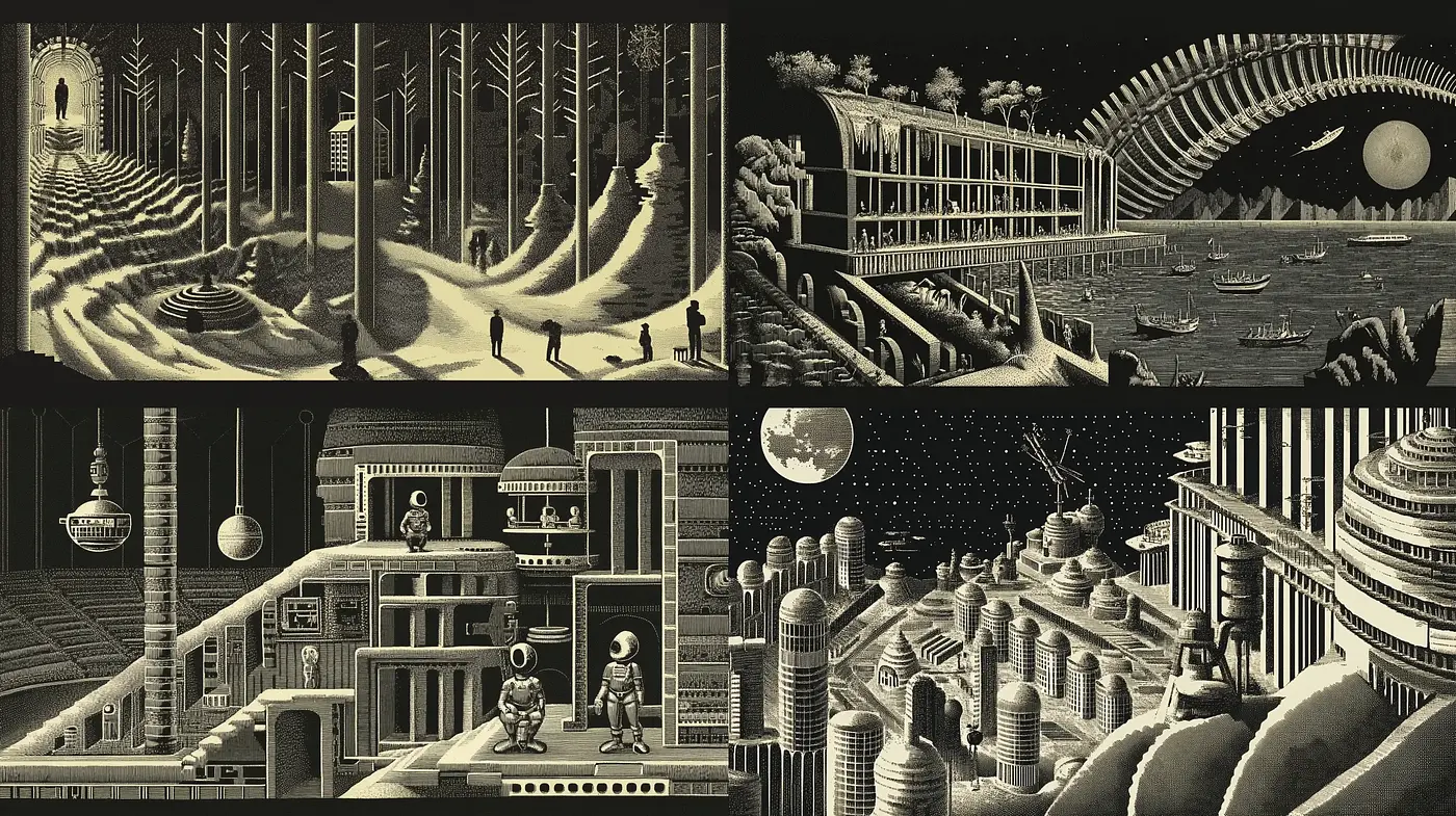 Monochromatic Dreamscape of Surreal Structures - Midjourney sref style