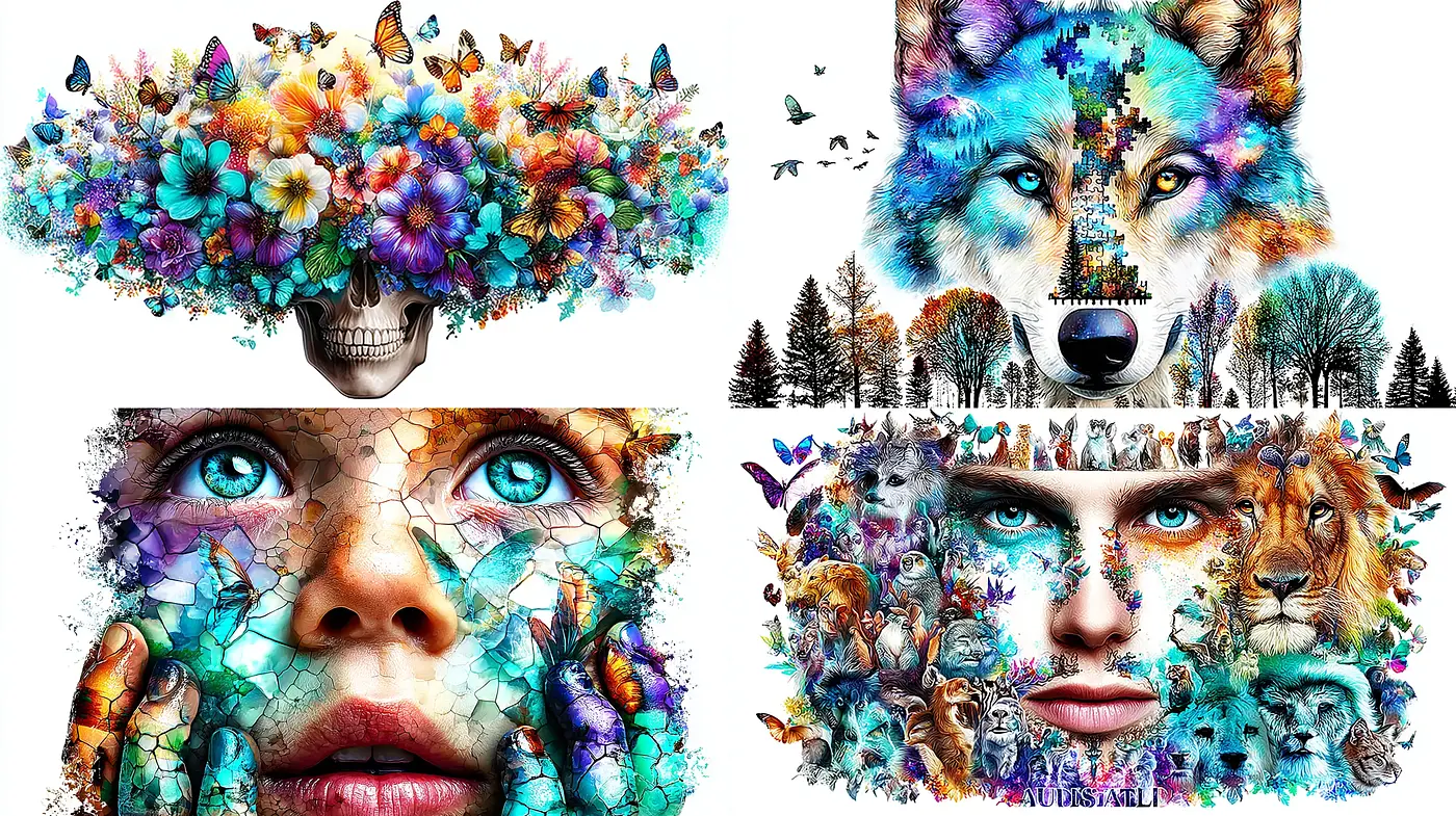 Vibrant Surrealism with a Nature Motif and Textured Collage Elements - Midjourney sref style