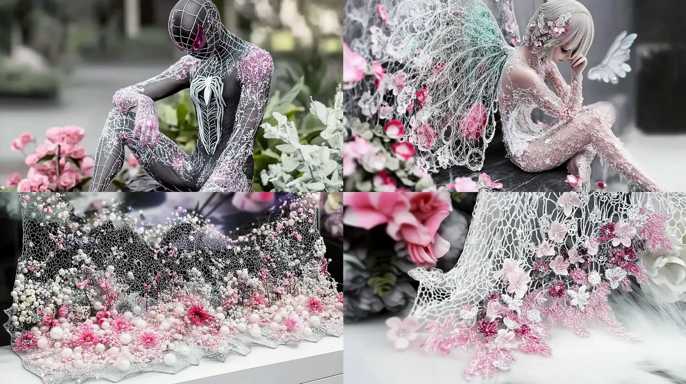 Floral Embroidery and Ethereal Figures in Pastel Dreamscape - Midjourney sref style