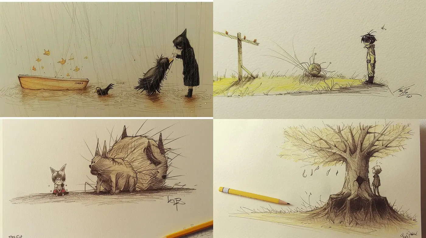 Sketchbook Chronicles: Evocative Interpretations in Ink and Watercolor - Midjourney sref style