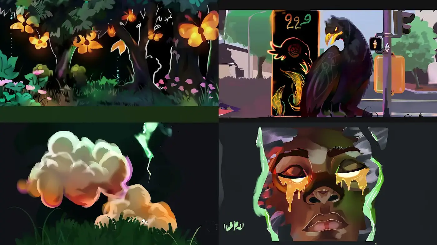 Vibrant, dynamic illustrations with a blend of natural and surreal elements - Midjourney sref style