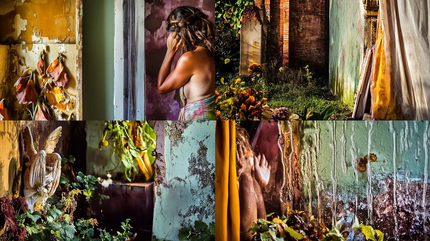 Decayed Elegance: A Symphony of Ruin and Beauty in Stillness - Midjourney sref style