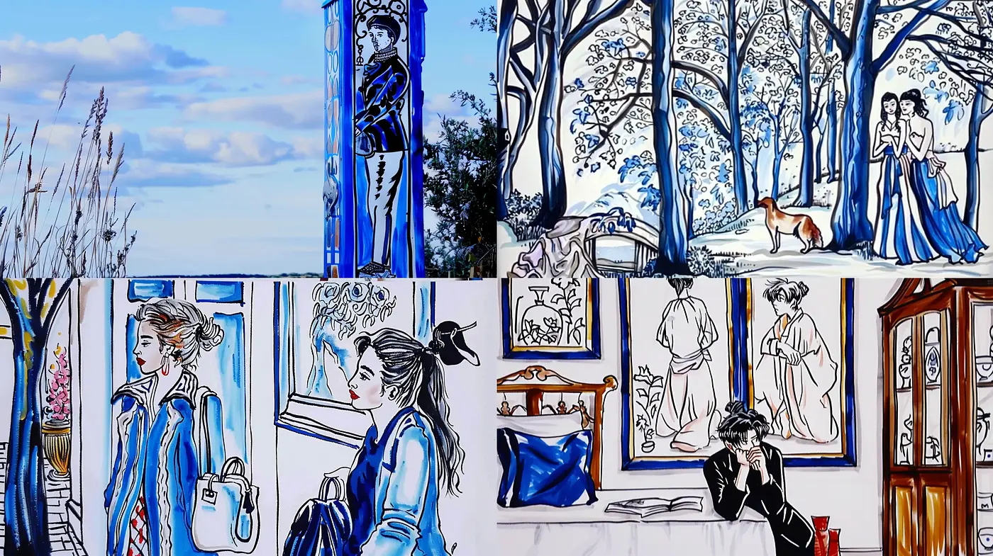Blue-Outlined Elegance with a Graphic Novel Feel - Midjourney sref style