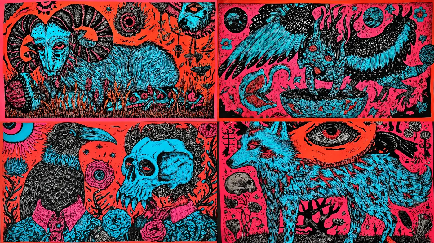 Bold and Intricate Illustrations with a Surreal, Psychedelic Aesthetic - Midjourney sref style