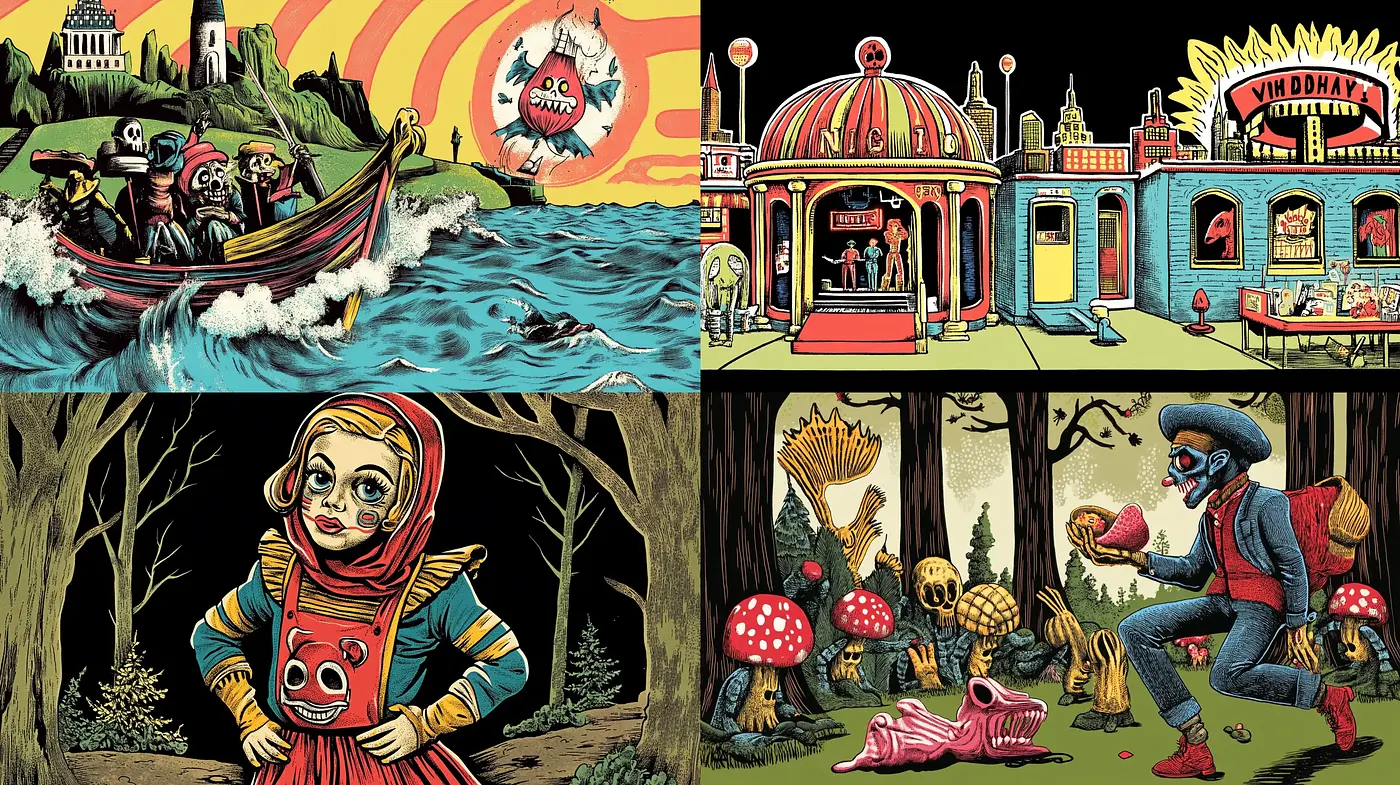 Eclectic Retro Comic Fusion with a Surrealist Twist - Midjourney sref style