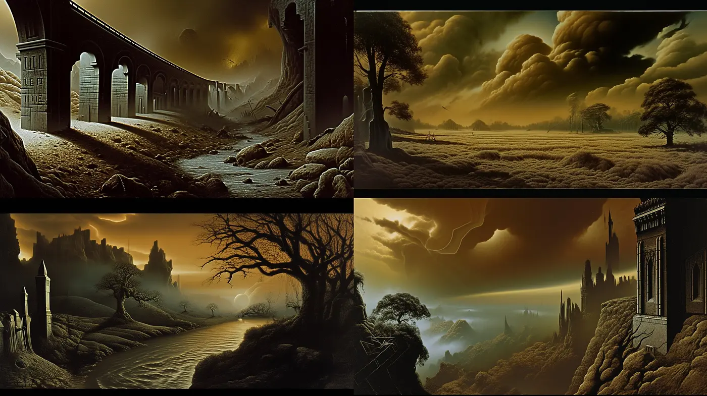 Ethereal Twilight: A Homage to Surrealist Dreamscapes in Sepia Tones - Midjourney sref style