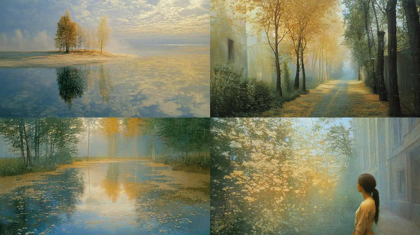Ethereal Golden Hues of Misty Landscapes and Tranquil Waters - Midjourney sref style