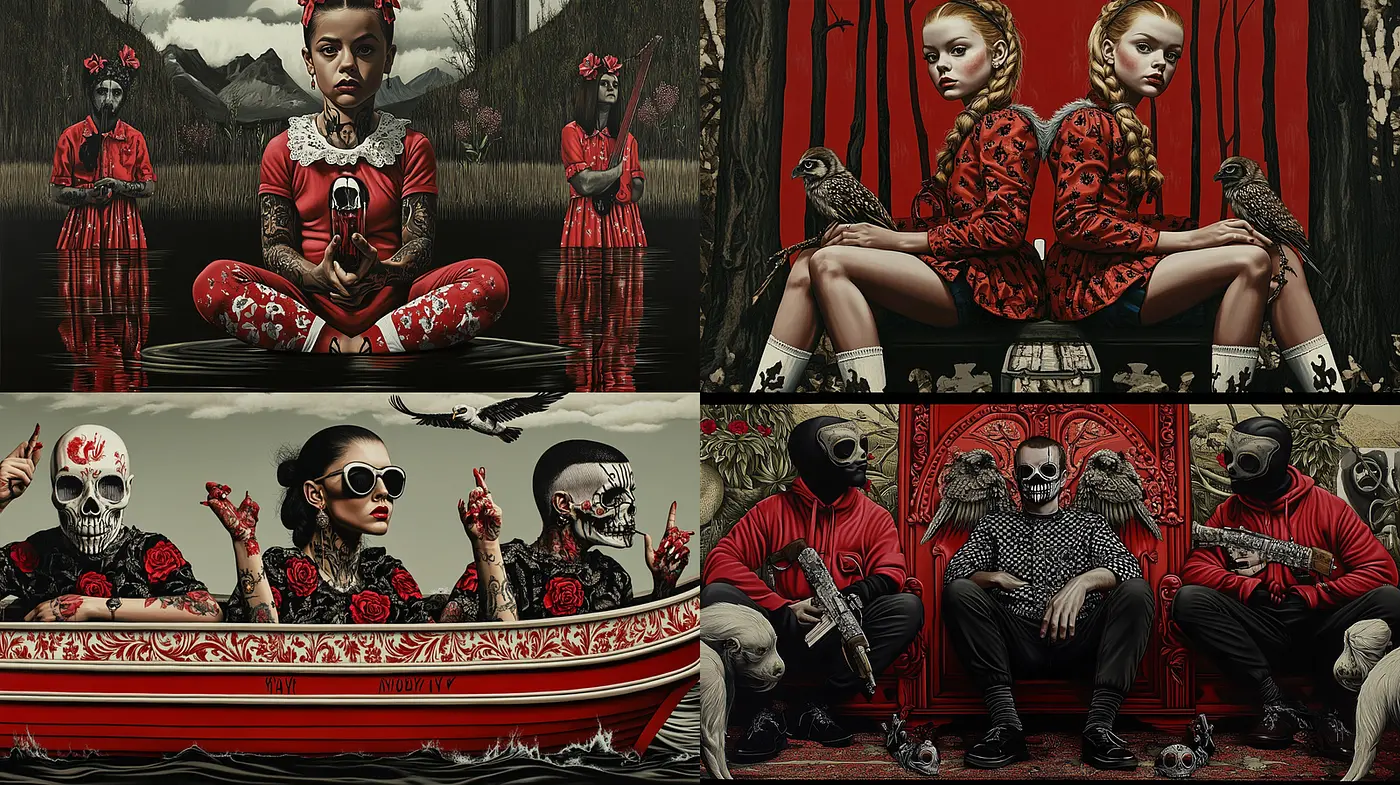 Darkly Intriguing Art Style with Bold Imagery and Cultural Undertones - Midjourney sref style