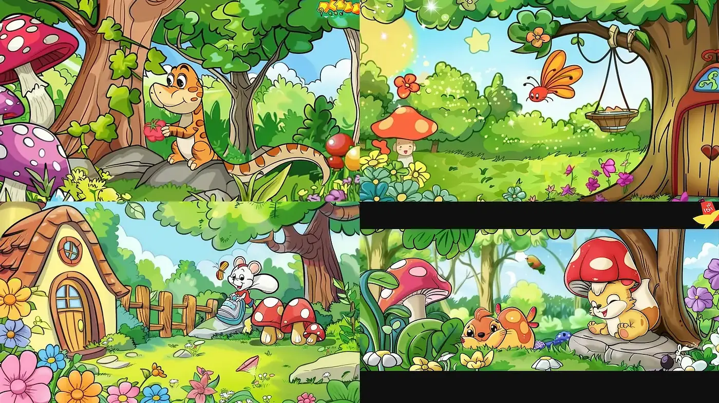 Whimsical and vibrant fantasy landscape with playful characters - Midjourney sref style