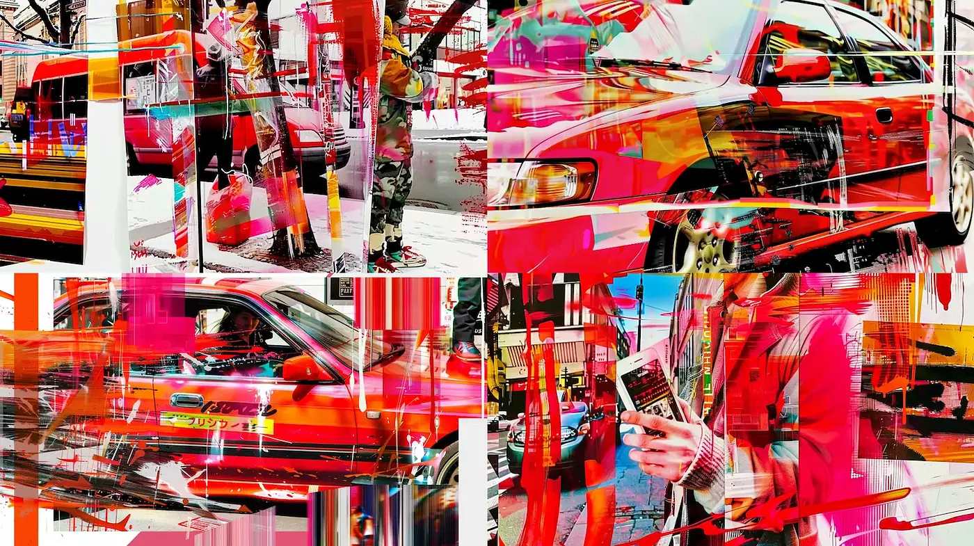 Dynamic and Abstract Urban Collage with Bold Color Splashes - Midjourney sref style
