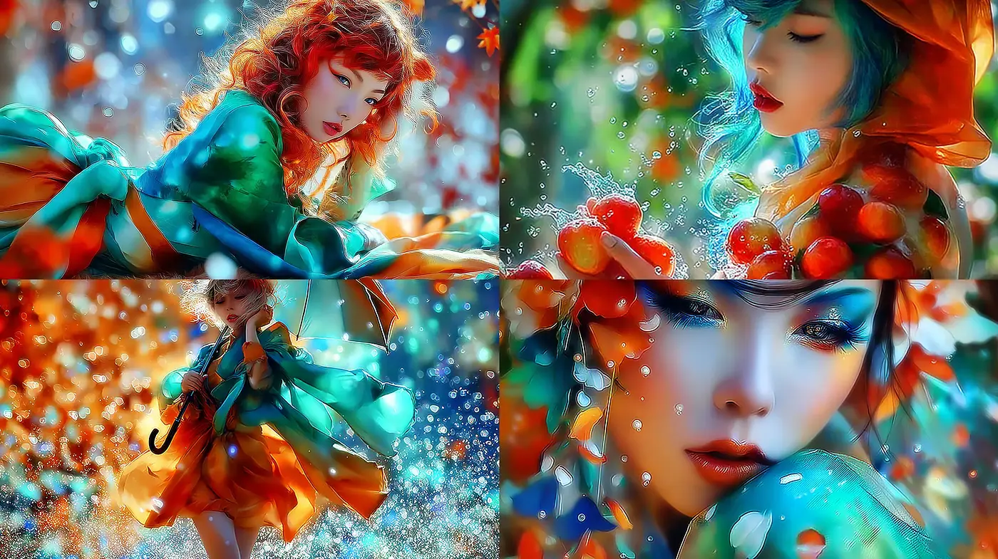 Vibrant and whimsical portrayals of enchanting characters amidst a magical backdrop - Midjourney sref style