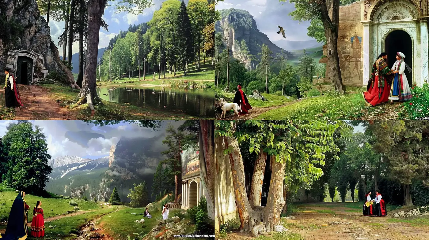 Ethereal Pastoral Vistas and Romantic Storybook Tableaus - Midjourney sref style