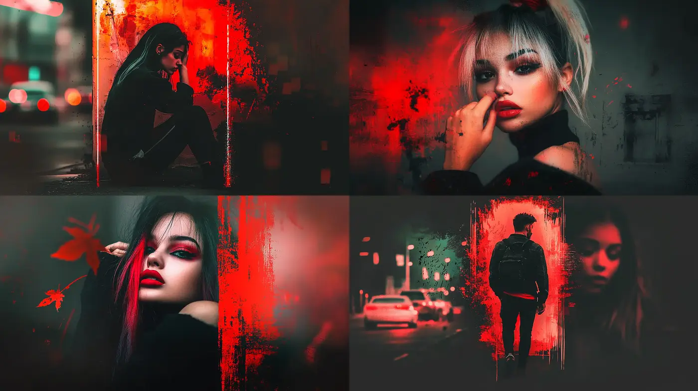 Red-Soaked Elegiac Portraiture with Neo-Noir Overtones - Midjourney sref style
