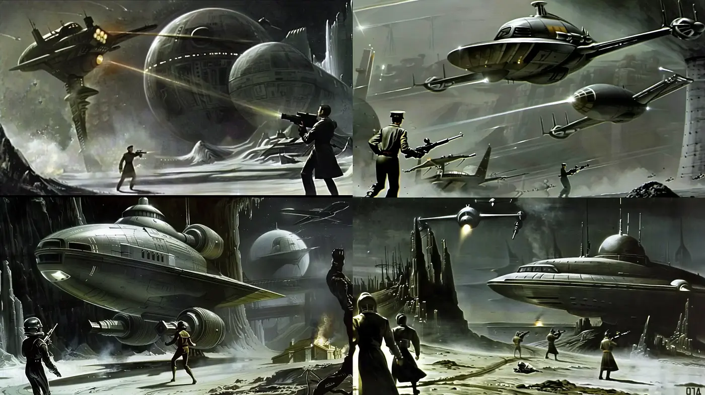 Monochromatic Retrofuturistic Dreamscape - Midjourney sref style