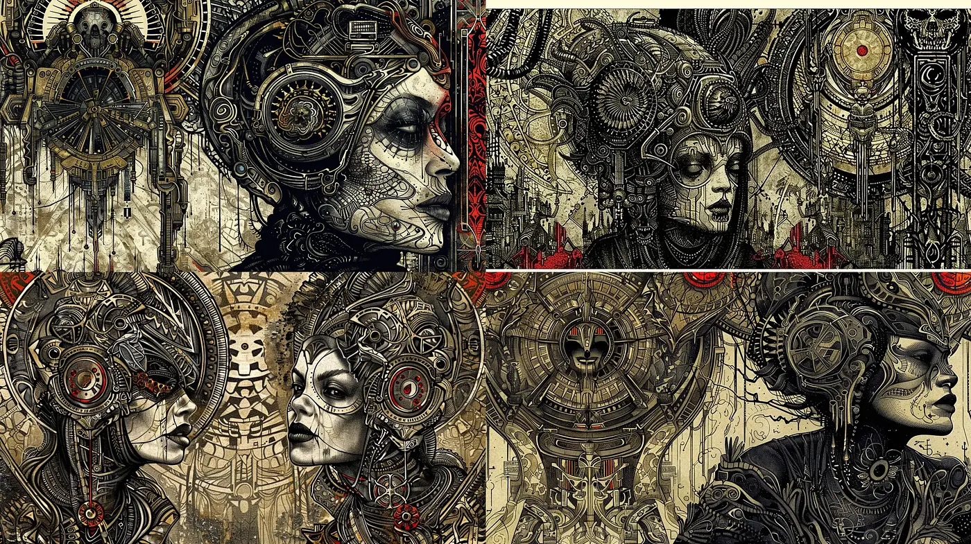 Mechanical Renaissance Fusion with Gothic Overtones - Midjourney sref style