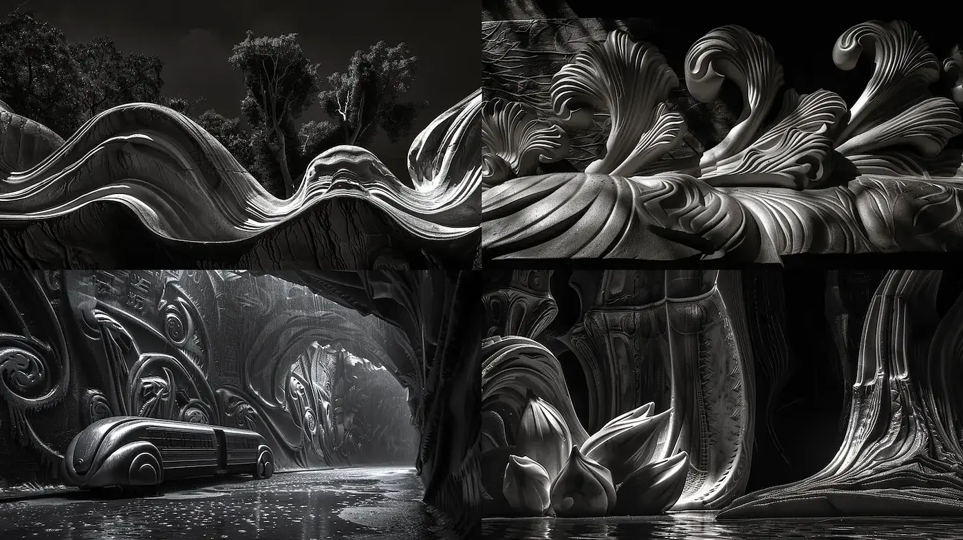 Surreal Organic Forms in Monochrome with Art Deco Influences - Midjourney sref style