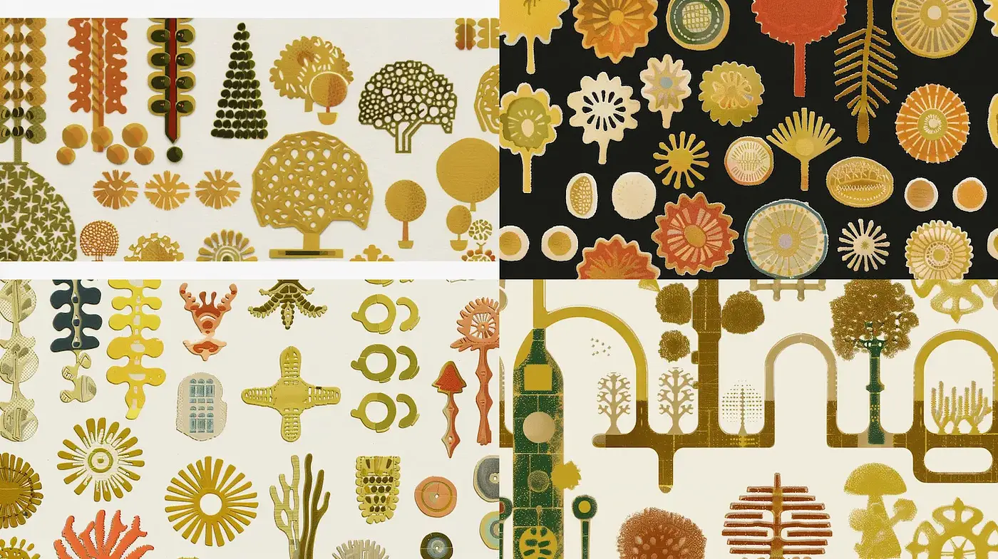 Organic and Geometric Design with Retro Color Scheme and Textures - Midjourney sref style