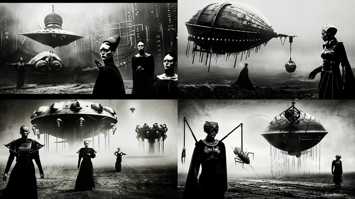 Monochrome Steampunk Dreamscape with Surrealist Overtones - Midjourney sref style