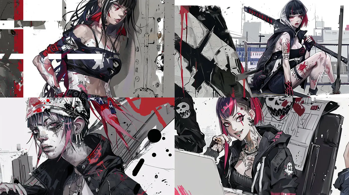 Edgy Urban Grunge: A Fusion of Anime and Street Art Aesthetics with a Cyberpunk Undertone - Midjourney sref style