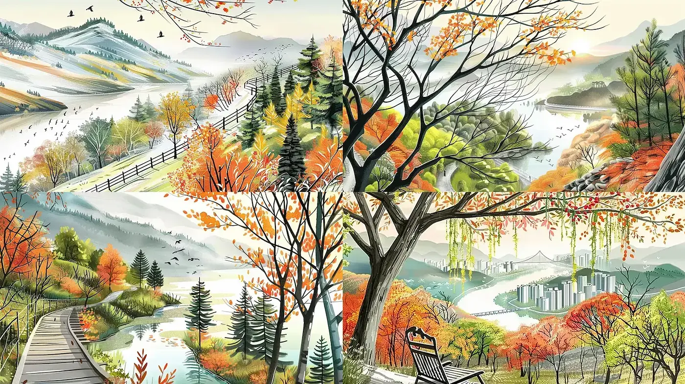 Serene Autumn Landscapes with Illustrative Quality - Midjourney sref style