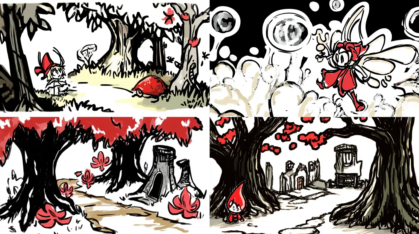 Enchanted Forest Whimsy with Expressive Inkwork and Splashes of Red - Midjourney sref style