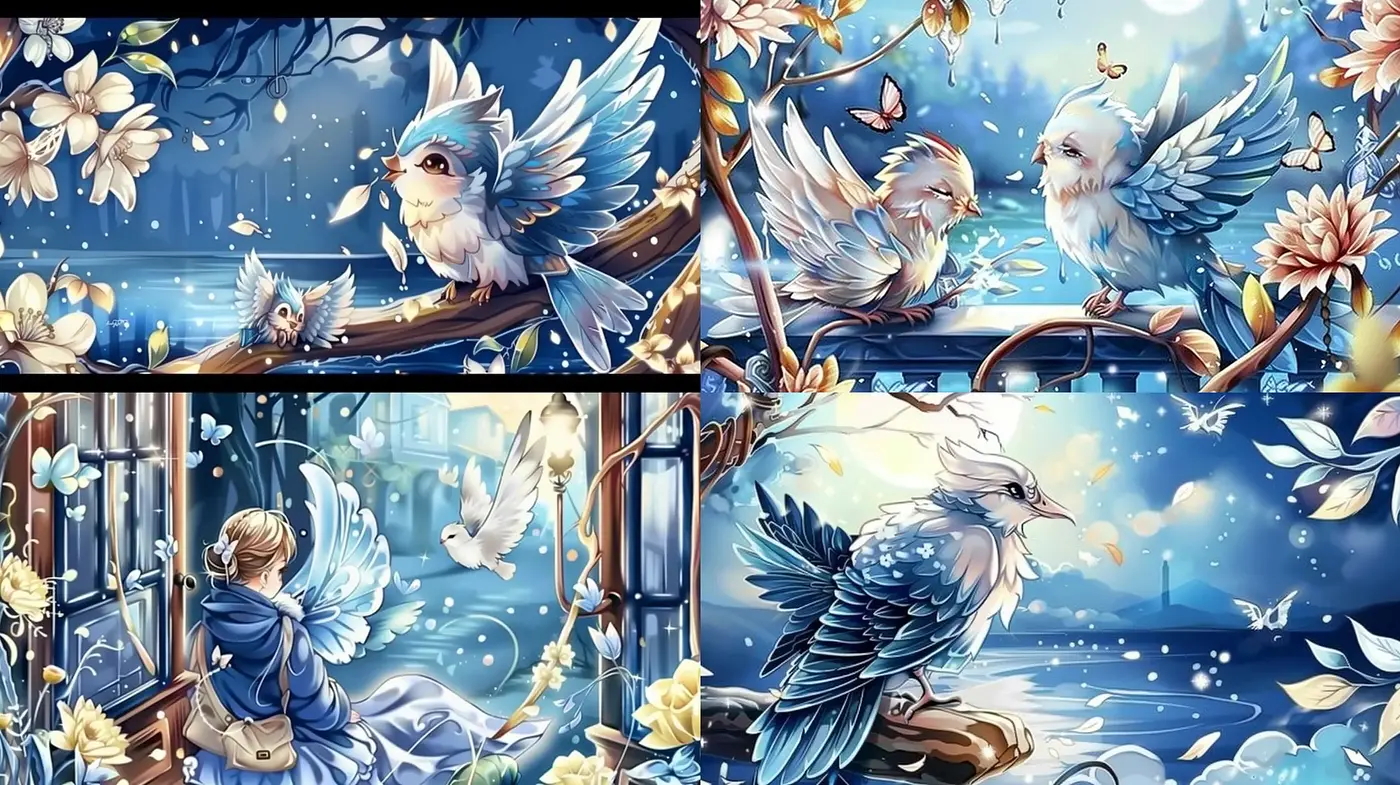 Enchanted Twilight Serenity: A Whimsical Cohesion of Luminous Blues and Ethereal Birds - Midjourney sref style