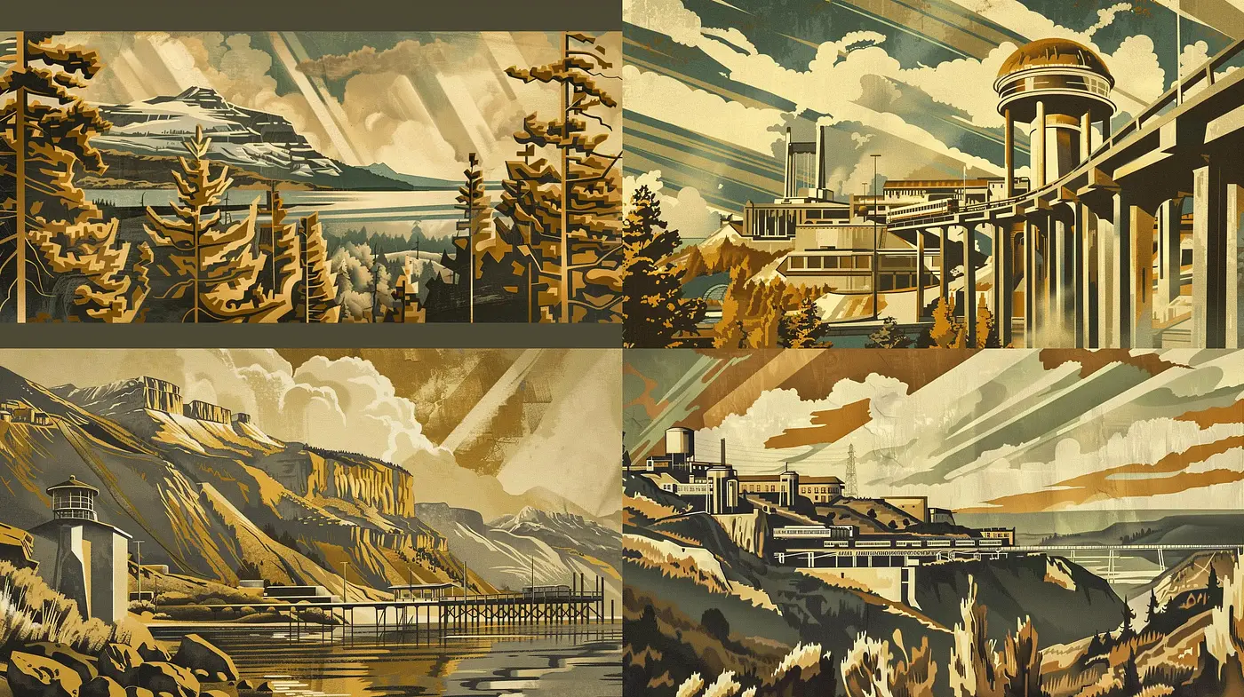 Retro-Futuristic Panoramic Vistas with a Monochromatic Sepia Overlay - Midjourney sref style