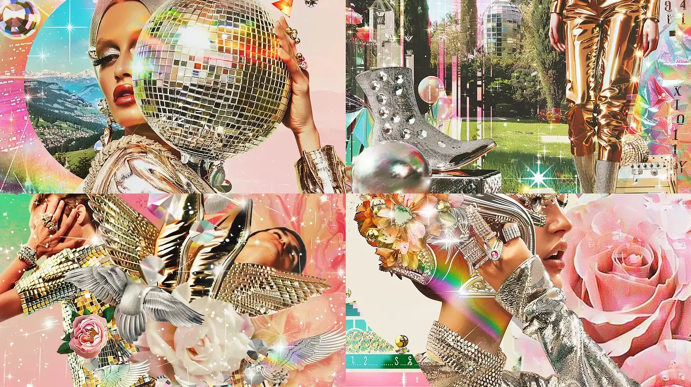 Exuberant collage style with a metallic and floral fusion - Midjourney sref style