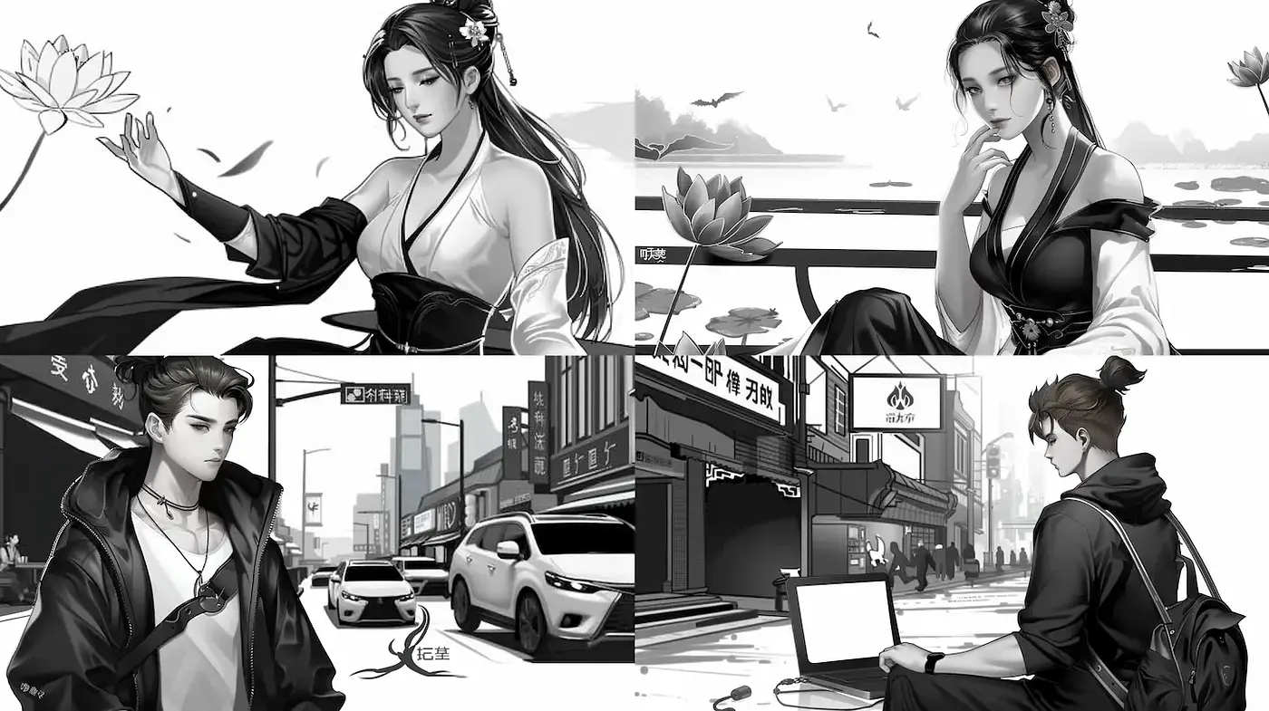 Dynamic Blend of Traditional and Modern Aesthetics in Monochrome - Midjourney sref style