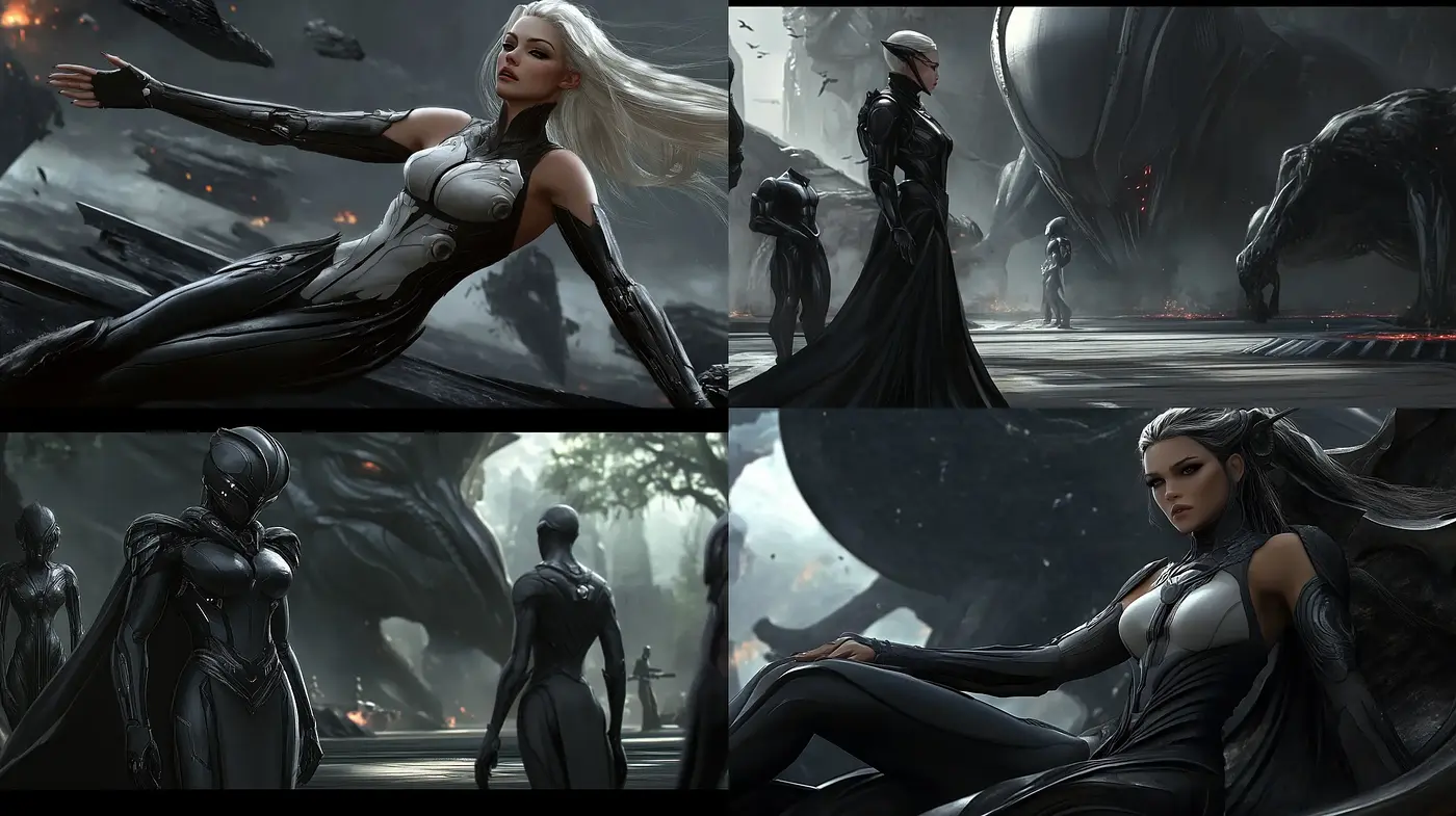 Futuristic Elegance in Grayscale: A Touch of Scarlet Amidst Monochrome - Midjourney sref style
