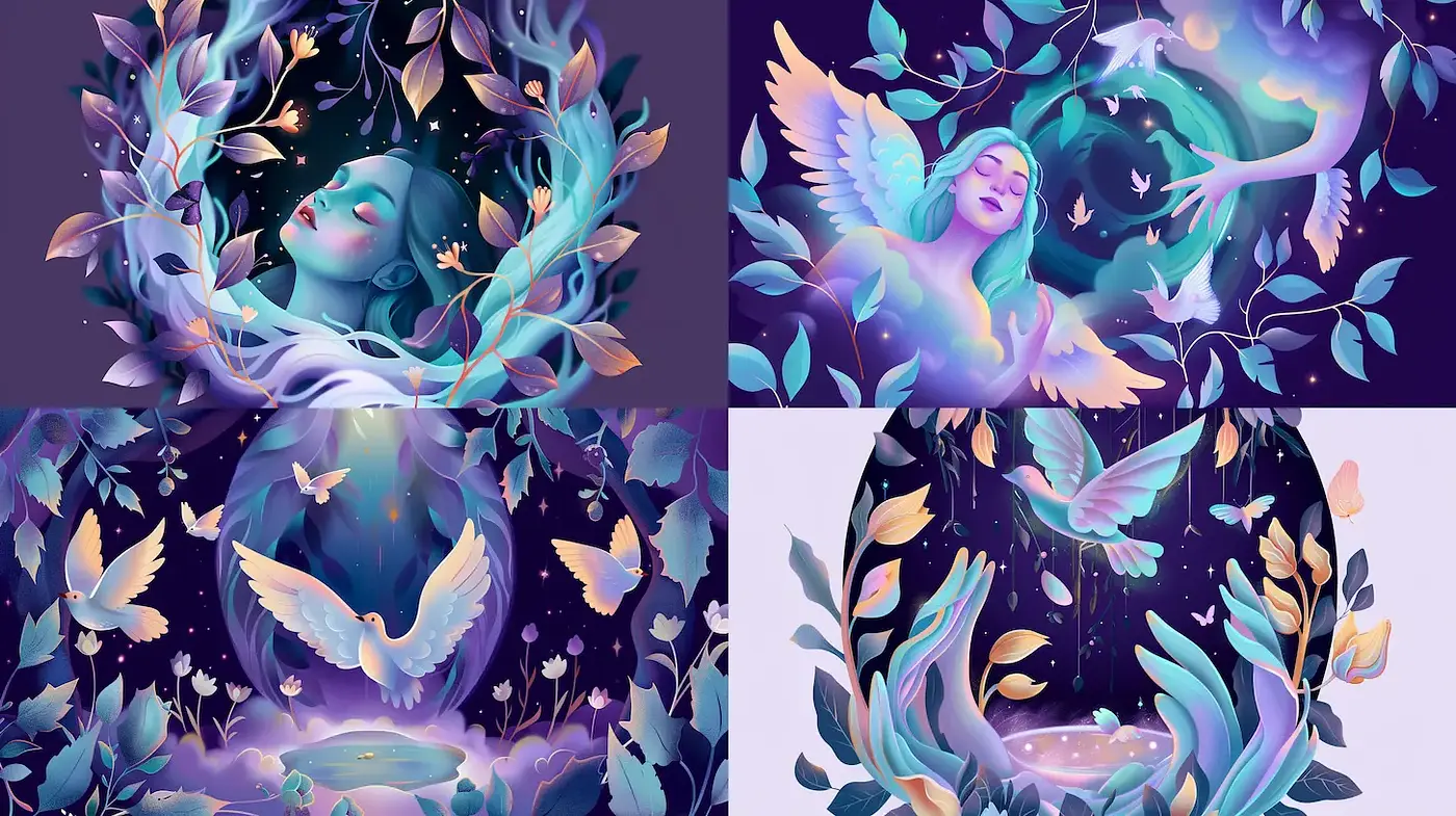 Dreamy and ethereal illustrations with a blend of nature and fantasy elements - Midjourney sref style