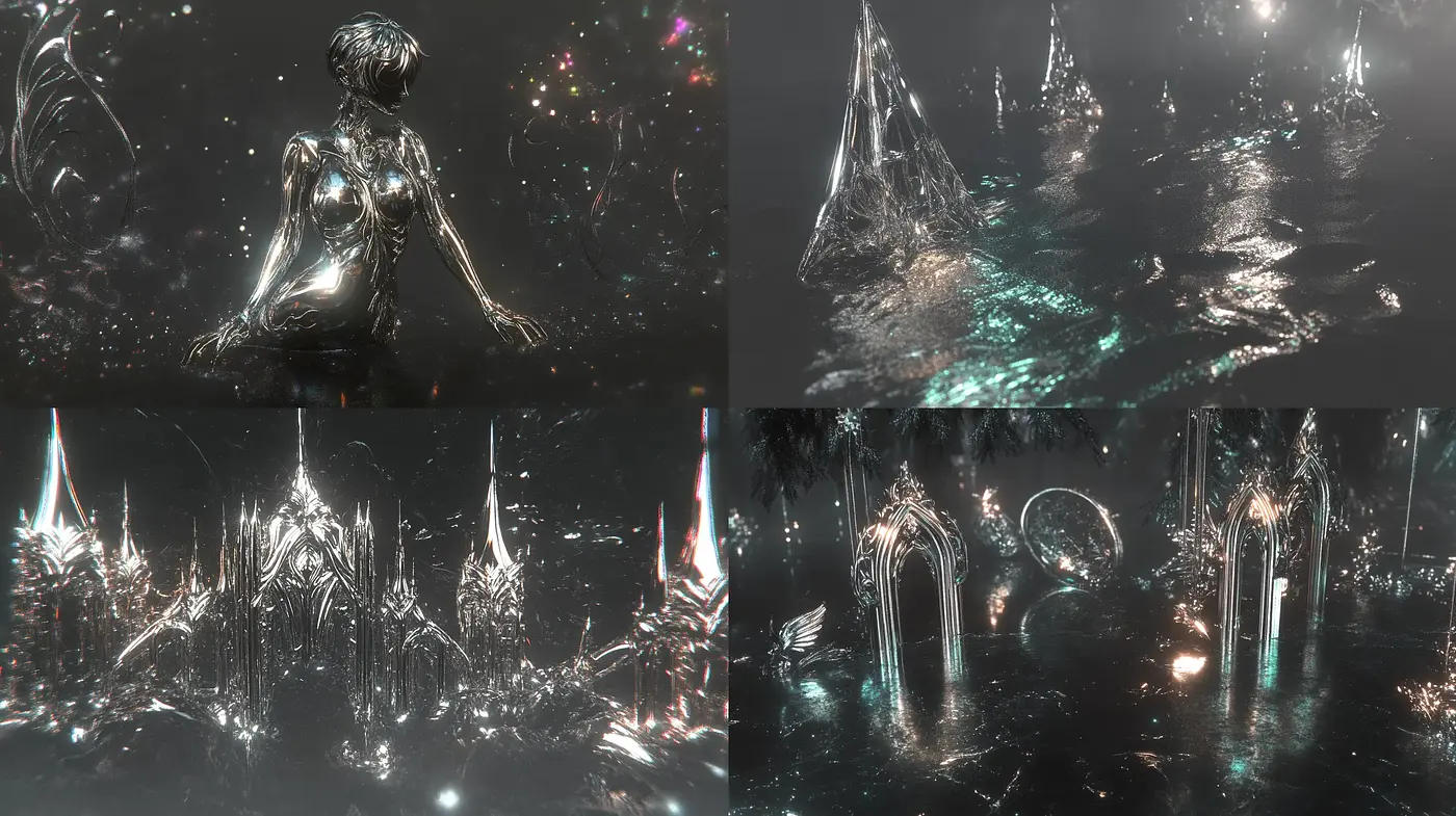 Ethereal Monochrome Dreamscape with Metallic Accents - Midjourney sref style