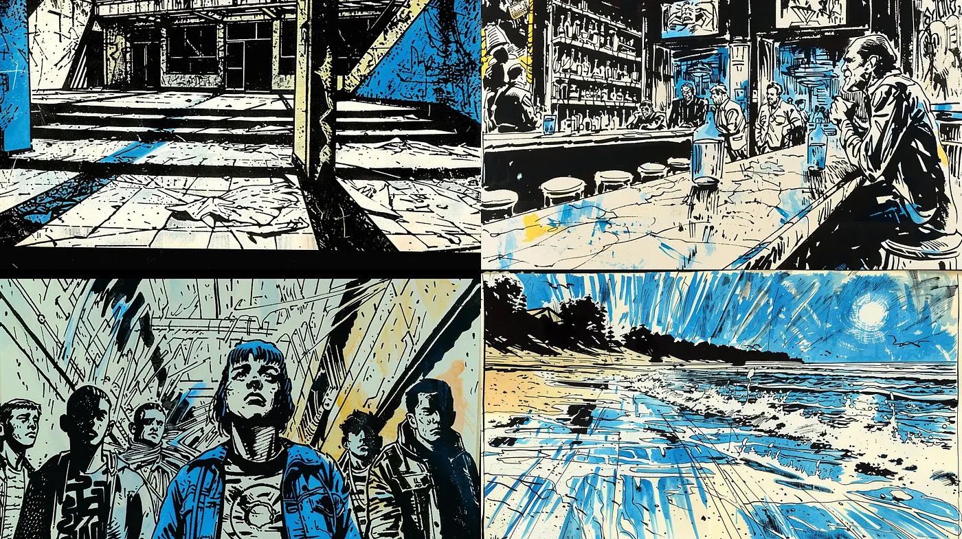 Stark Contrast and Textured Narratives in Graphic Novel Illustration - Midjourney sref style