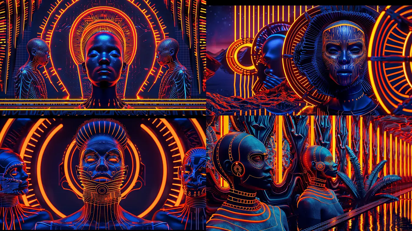 Neon Tribal Fusion with a Digital Sci-Fi Twist - Midjourney sref style