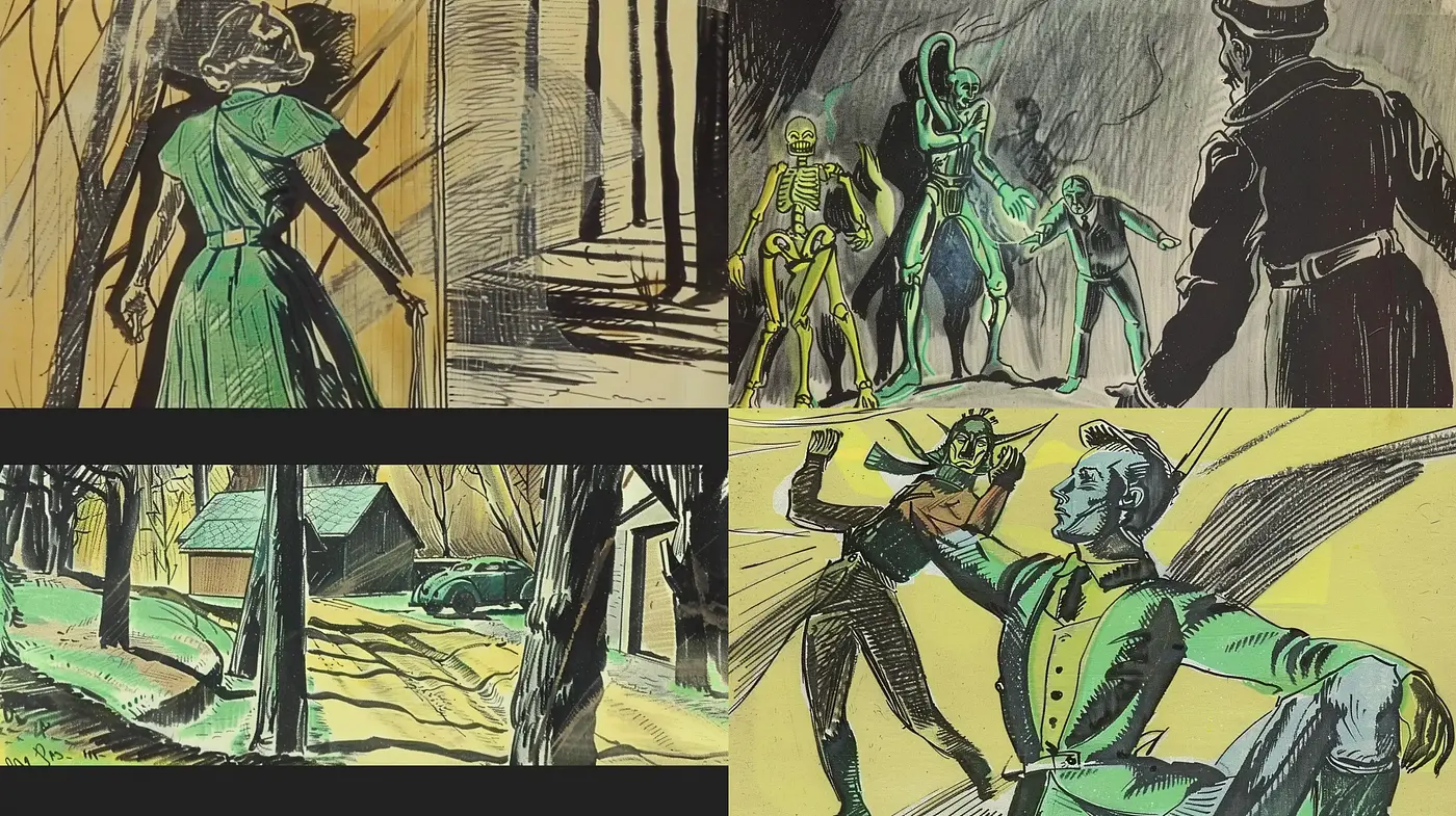 Illustrative Noir-Influenced Storyboard Aesthetic - Midjourney sref style