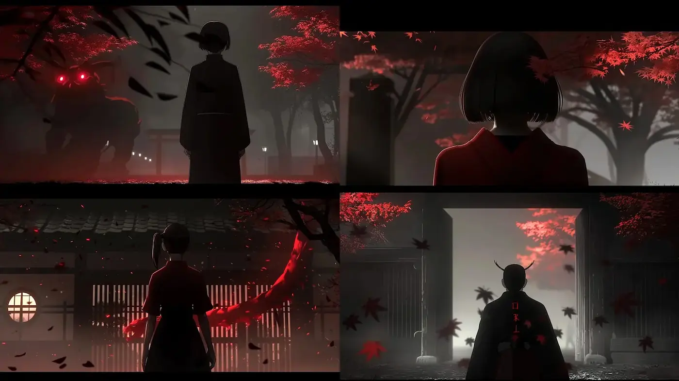Dark and Ethereal Japanese-inspired Aesthetic with Dramatic Elements - Midjourney sref style