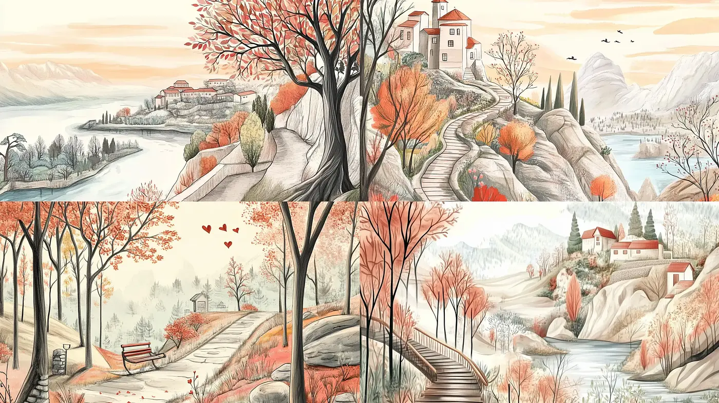 Serene and Timeless Autumnal Hues in Stylized Countryside Art - Midjourney sref style