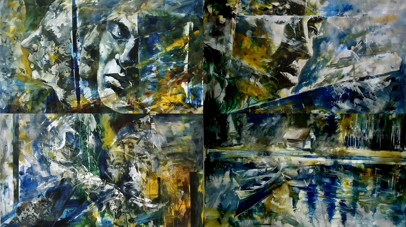 Fragmented Elegance: A Symphony of Abstract Impasto Blues and Greens - Midjourney sref style