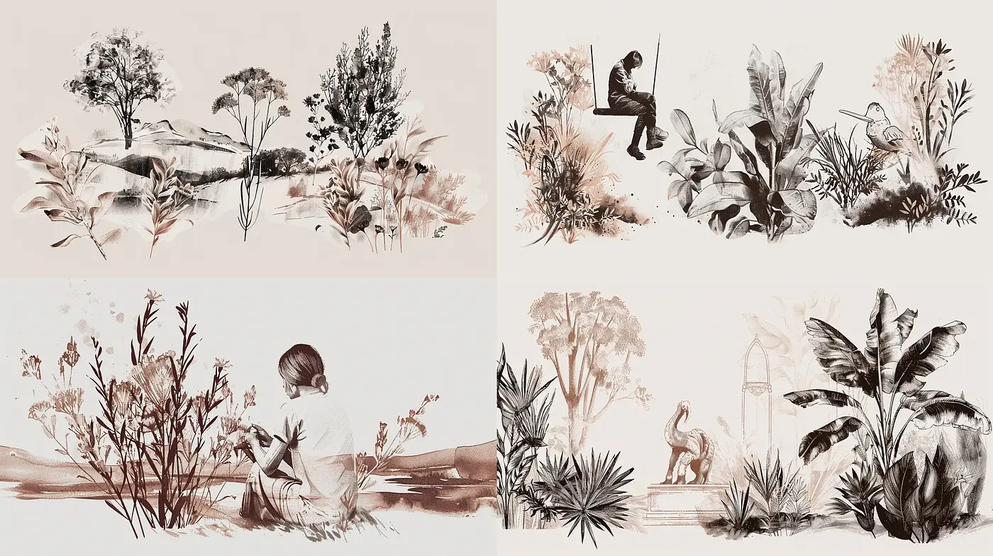 Sepia-Toned Nature Tableaus with Ethereal Brushwork Influence - Midjourney sref style
