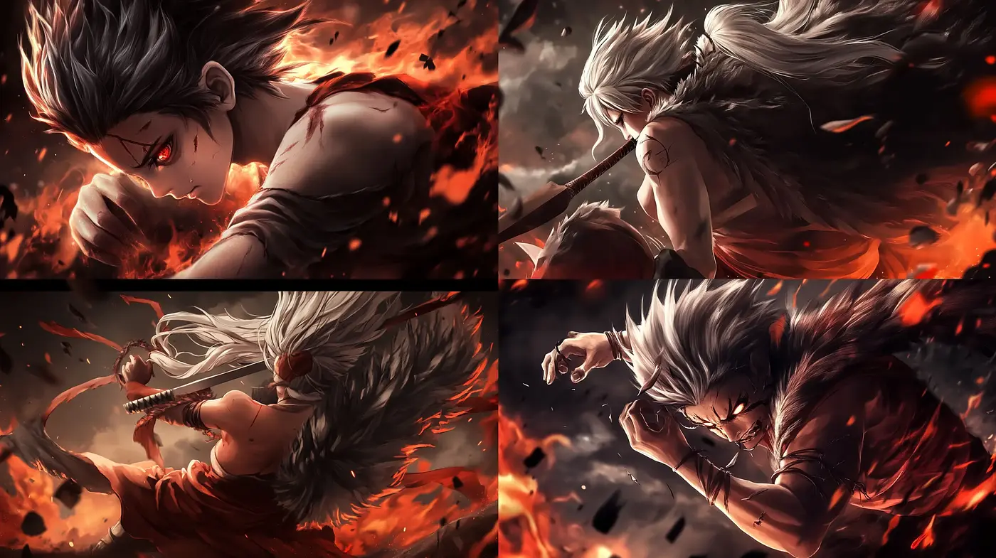 Intense Anime-Inspired Fiery Action Sequence - Midjourney sref style