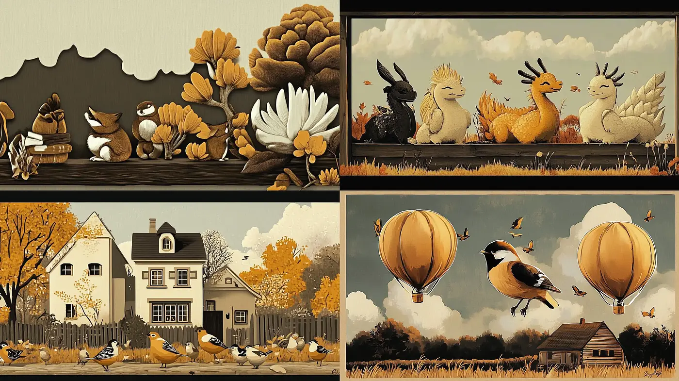 Autumnal Serenity in Stylized Pastoral Vignettes - Midjourney sref style