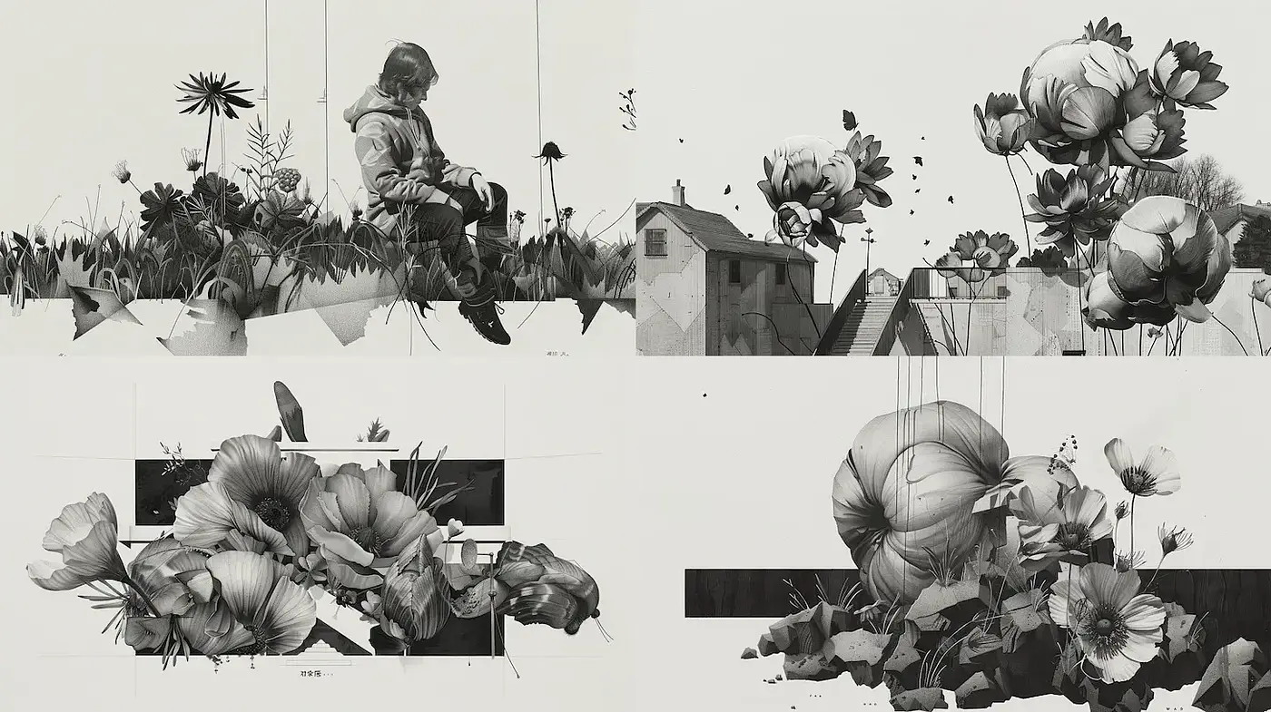 Surrealistic Blend of Nature and Human Emotion with Monochrome Elements - Midjourney sref style