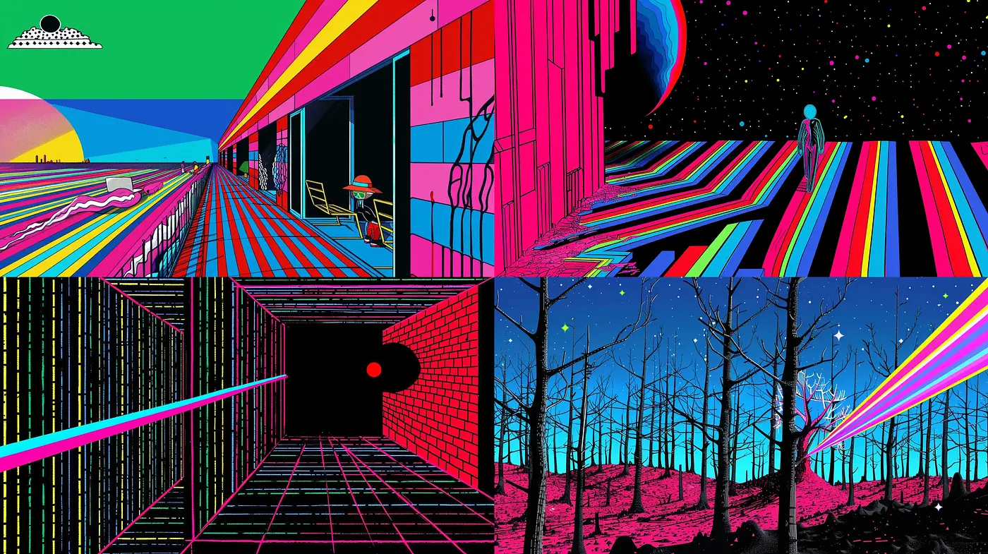 Neon-Lined Surrealism in a Retrofuturistic Dreamscape - Midjourney sref style