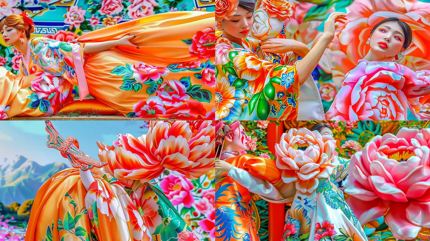 Floral Abundance in Surreal Saturation: A Vivid Fusion of East Asian Artistry and Hyperrealism - Midjourney sref style