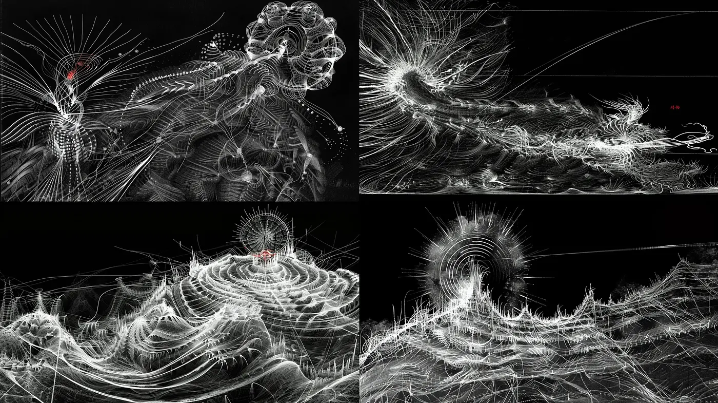 Abstract Monochromatic Neural Network Dreamscape - Midjourney sref style